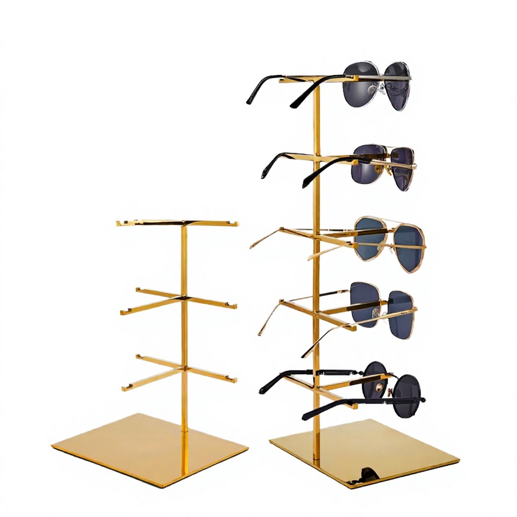Premium metal countertop eyewear display stands and multi-tier rotating sunglasses holders for retail store counter merchandising.