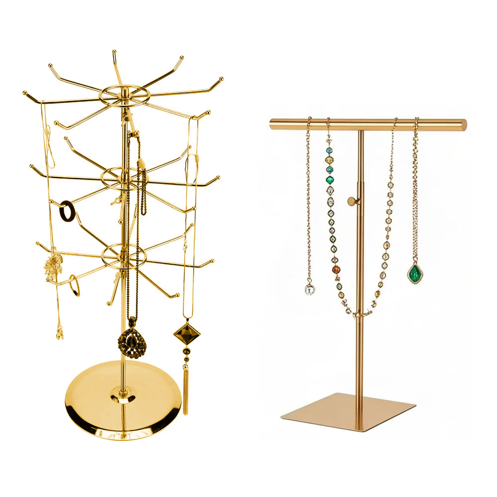 Heavy-duty metal countertop jewelry display stands with adjustable t-bars for retail boutiques