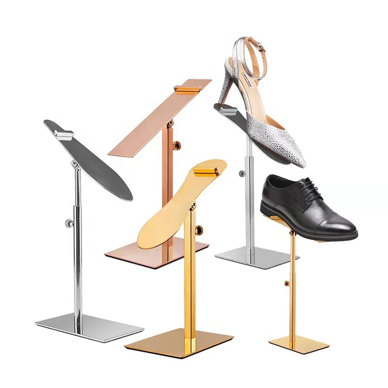 Modern metal countertop shoe display stands with non-slip angled presentation plates