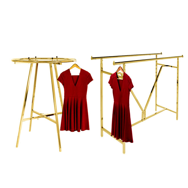 Wholesale double bar and round clothing racks, heavy-duty adjustable H-racks and 360° rounders for retail apparel store display systems