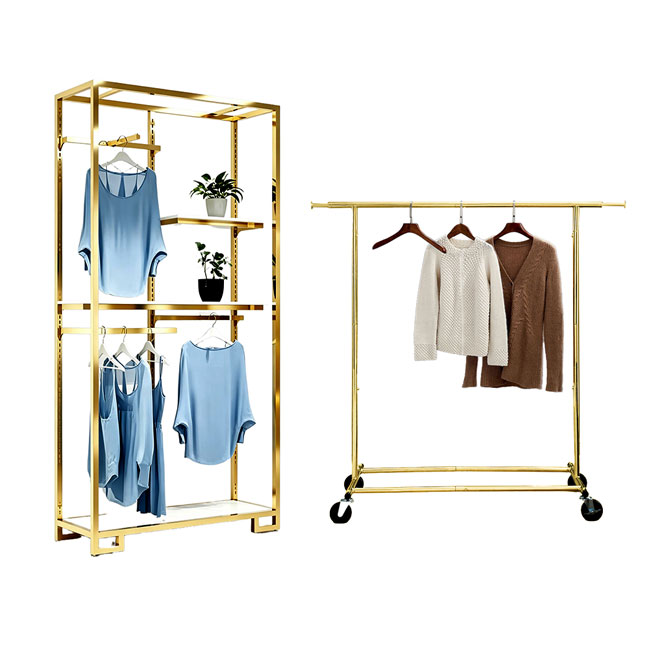 Wholesale garment display racks and themed retail display systems, durable steel fixtures for apparel boutiques and chain store merchandising