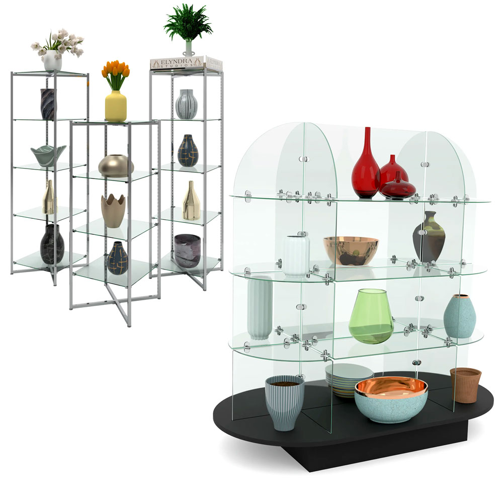 Multi-tier glass display towers and shelving for boutique merchandising