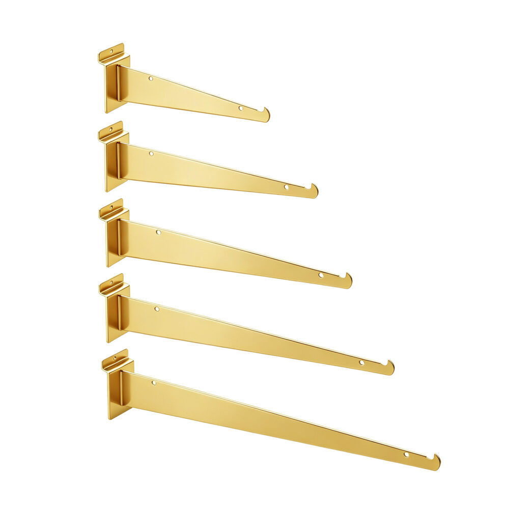 Wholesale luxury gold shelf brackets for slatwall shown in 8 inch, 10 inch, 12 inch, 14 inch, and 16 inch size options