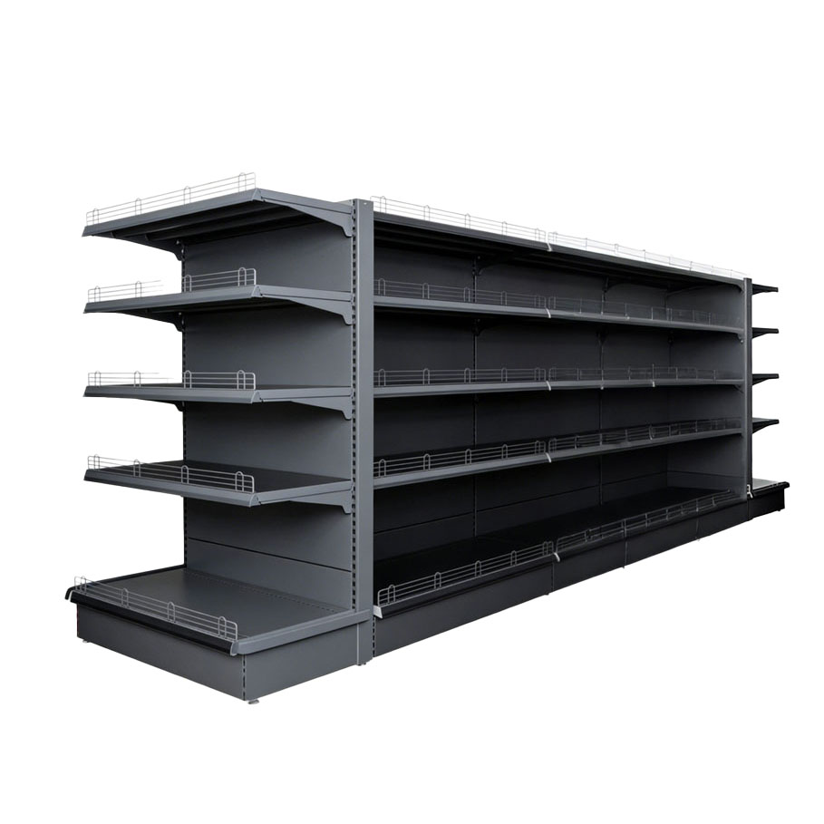 Heavy-duty double-sided metal gondola shelving unit for supermarket aisles