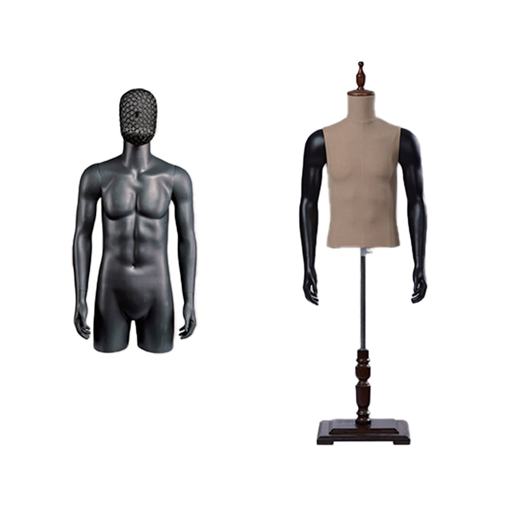 Half body male mannequins with adjustable stand for US retail. Space-saving design, 3 finishes, ideal for men's tops display, wholesale available.