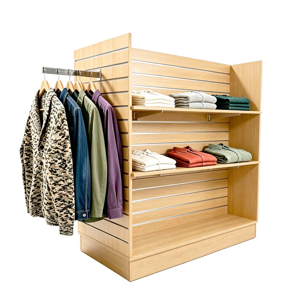 Custom wholesale slatwall display fixtures and accessories, flexible retail merchandising system for apparel, hats, garments and boutique product display