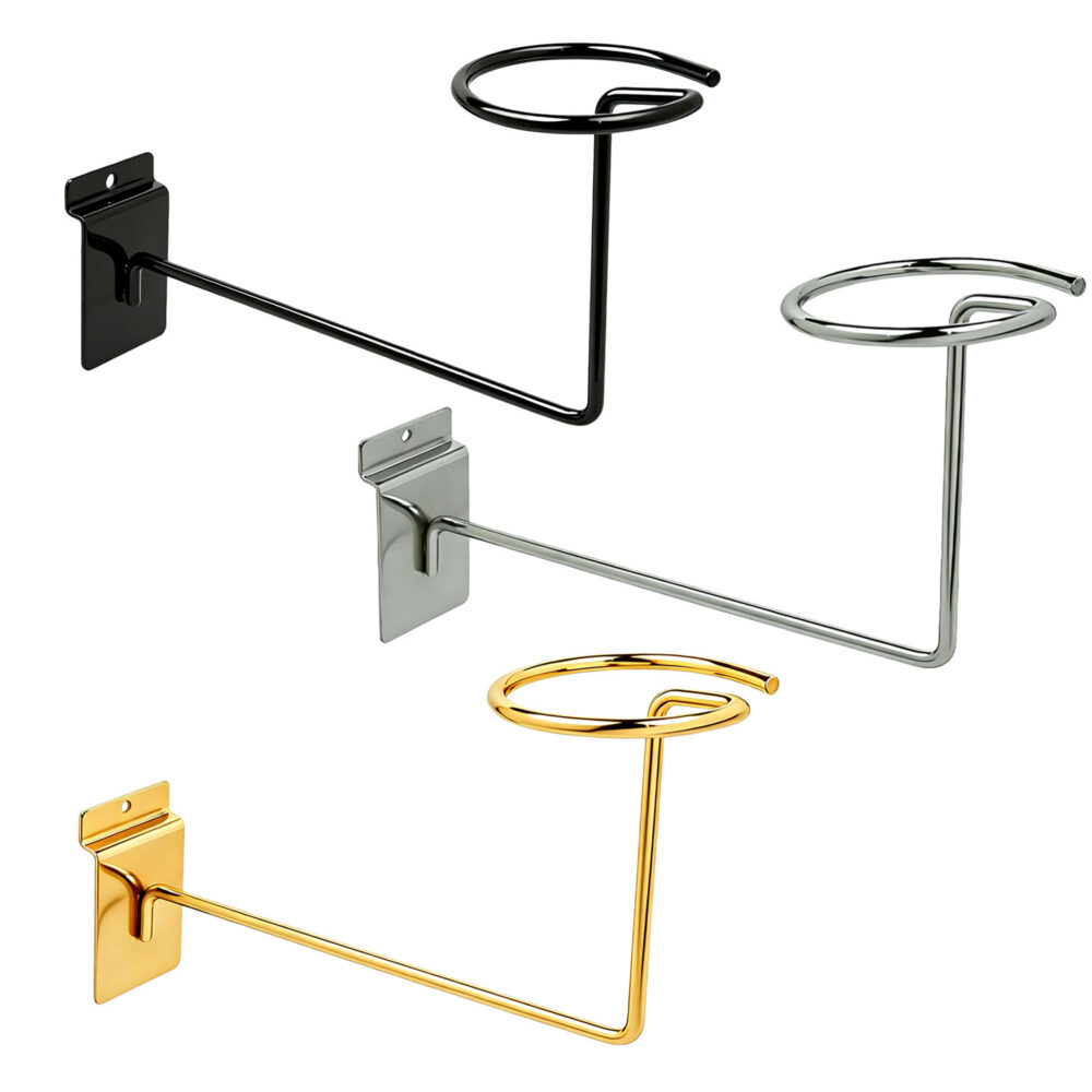 Wholesale millinery displayers for slatwall shown in chrome, matte black, white, and gold finishes
