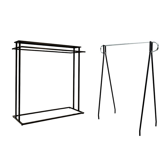 Wholesale modern minimalist clothing display racks, single-rail and 2-tier double-hanging garment fixtures for boutiques and apparel stores