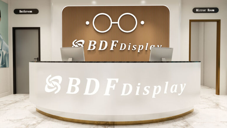 Optical store checkout counter and front desk with accessory display