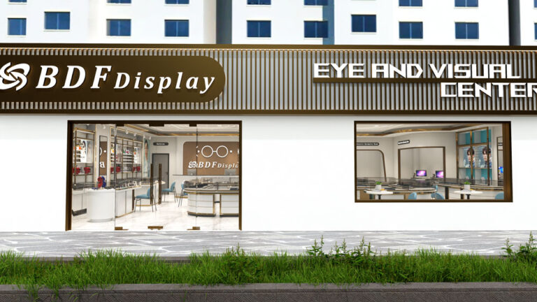 Modern optical store front exterior facade with brand sign and display window