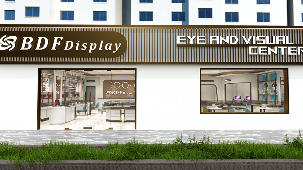 Modern optical store front exterior facade with brand sign and display window