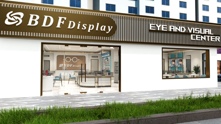 Optical store side exterior with floor-to-ceiling display window