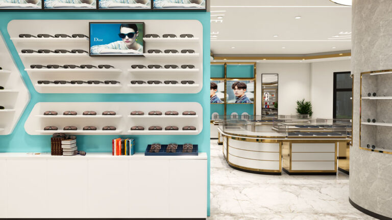 Closeup of eyewear display shelf with metal and glass details