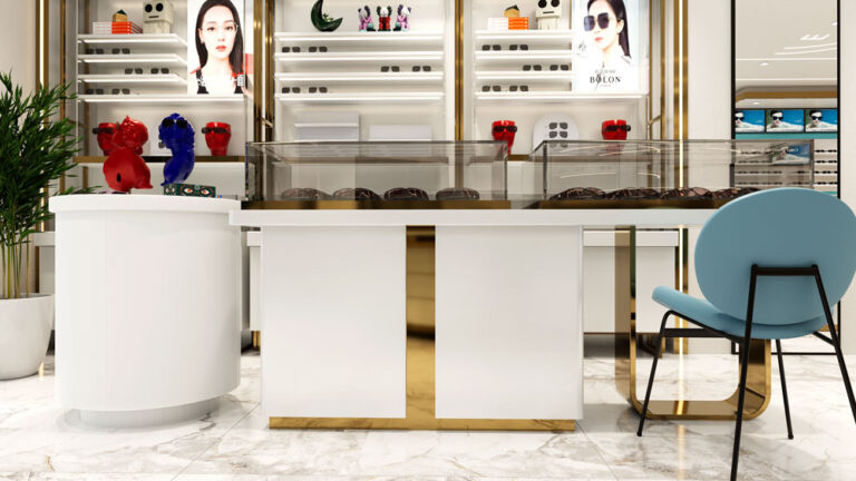 Lens and eyewear accessory display area for optical retail