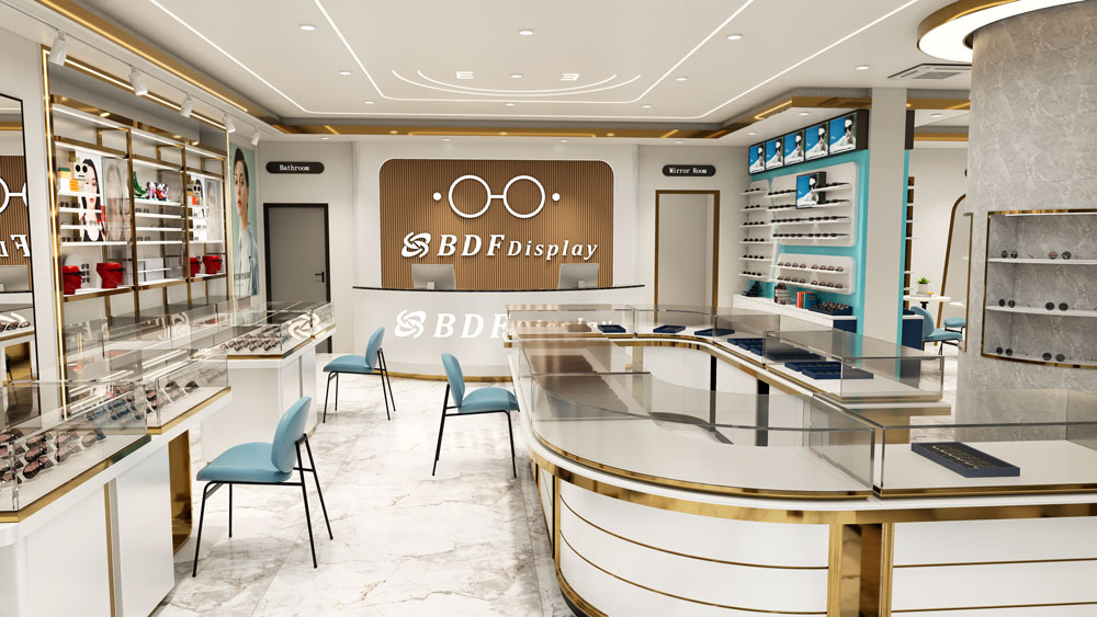 Optical store entrance window display with featured eyewear products
