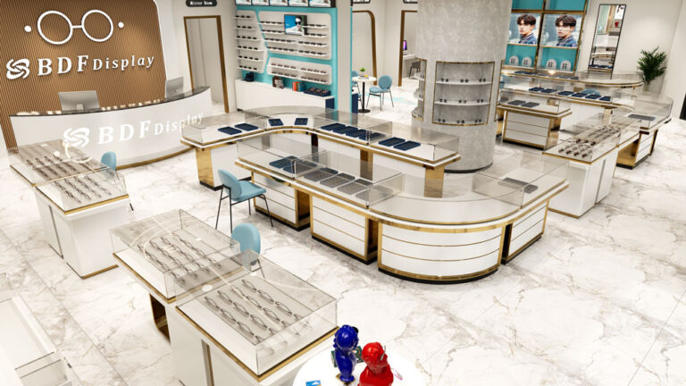 Optical store interior panoramic view from entrance with full display layout