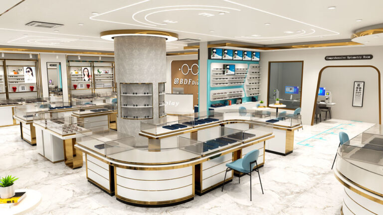 Sunglass display wall with grid compartments for eyewear showcase