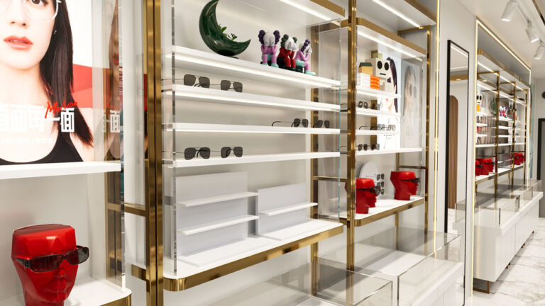 Open eyewear try-on zone with mirrors and seating for customers