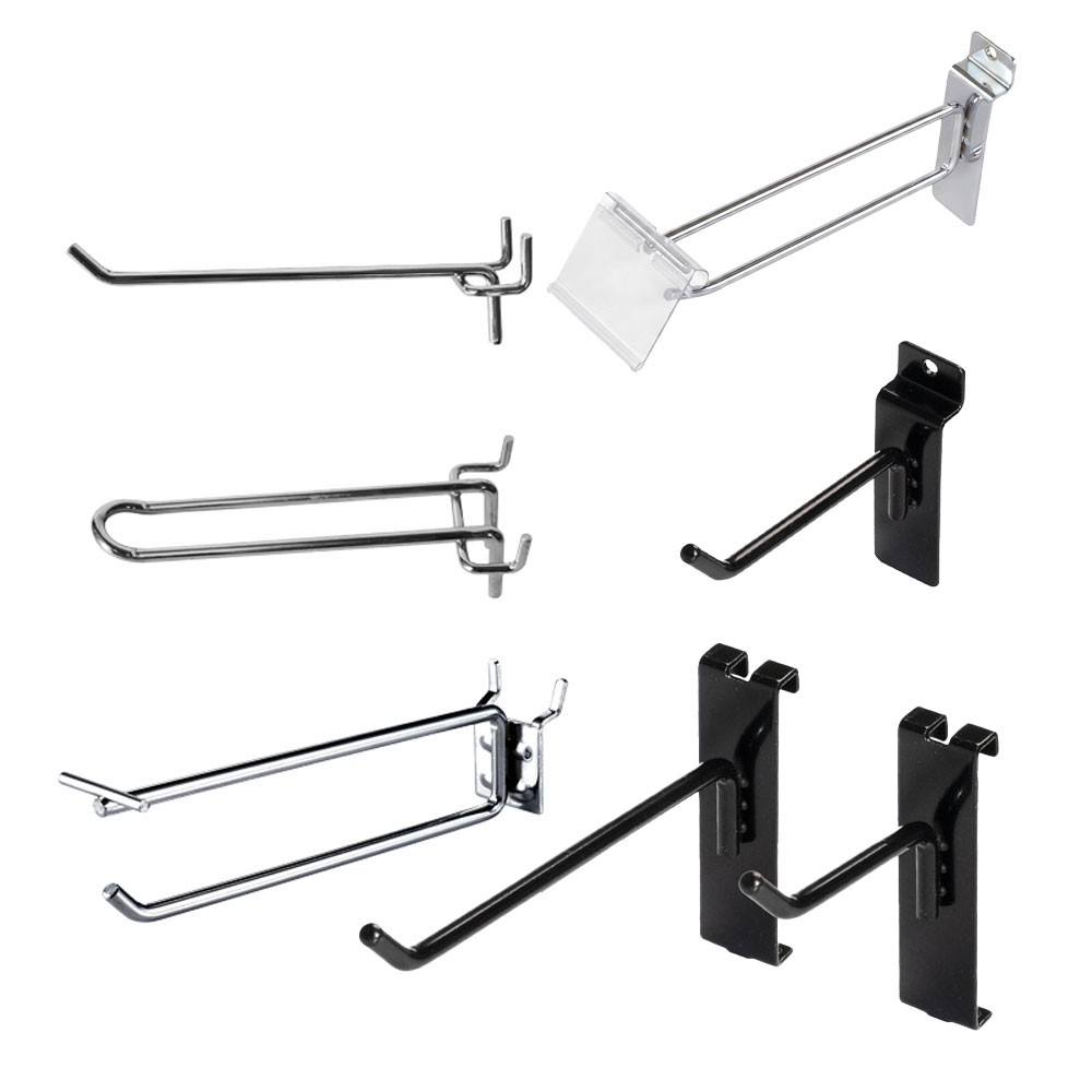Metal pegboard hooks, slatwall hangers, and merchandise clip strips