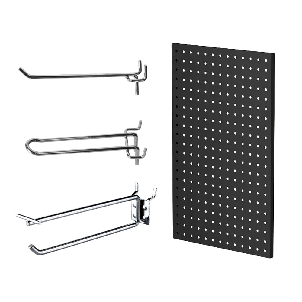Heavy-gauge metal pegboard hooks and crossbar brackets for checkout counters and high-density retail organization.