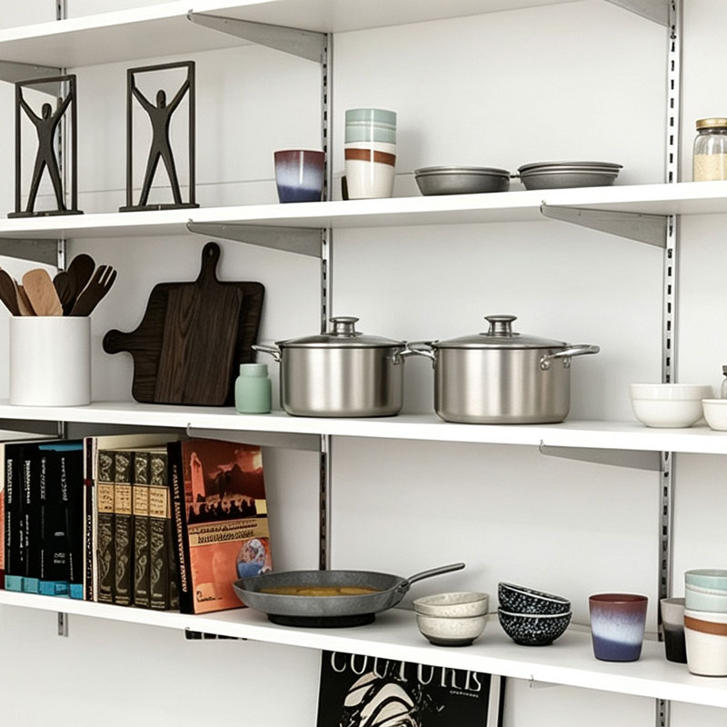 Standard-duty surface-mounted wall standards with 1/2 inch slots on 1 inch centers for apparel boutiques and retail wall shelving.
