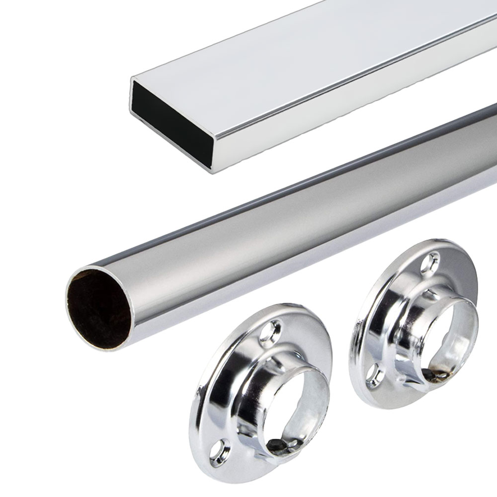 Premium round and rectangular retail crossbars, hangrails, and wall-mounting tubing components.