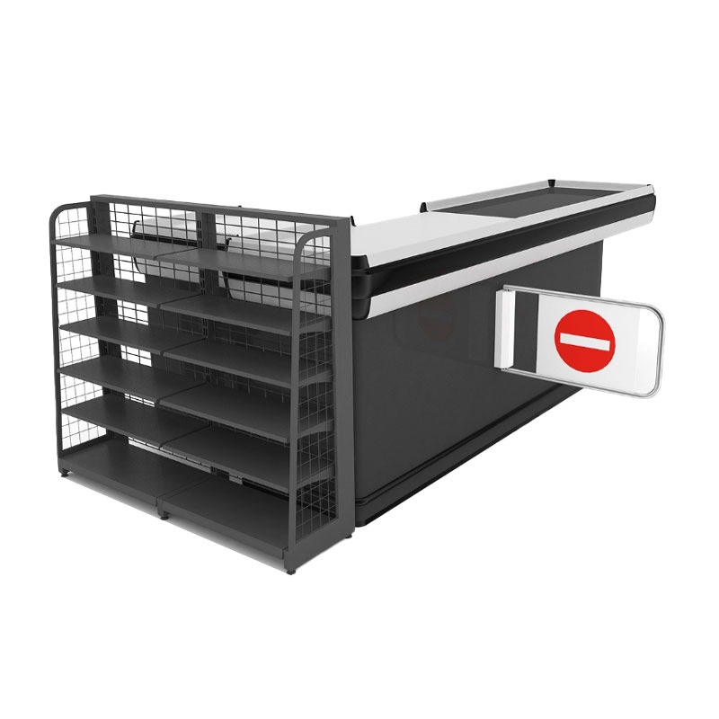 Modern retail checkout counter with conveyor belt and cashier service desk