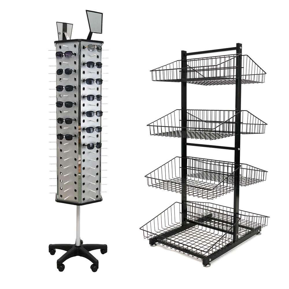 Wholesale retail display systems including heavy-duty freestanding floor units and wall outriggers for boutiques.
