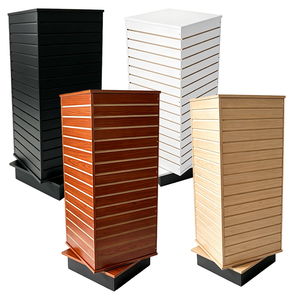 Wholesale 360 rotating cube slatwall merchandiser in maple walnut black and white finishes by BDFDisplay
