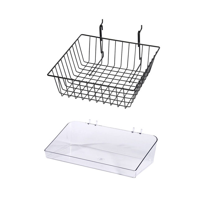 Wholesale slatwall storage baskets and bins, plastic dump trays and wire fixtures for organizing small retail merchandise wall displays