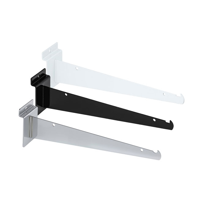 Wholesale slatwall display brackets, heavy-duty steel hangrail and shelf supports with chrome and black finishes for retail stores
