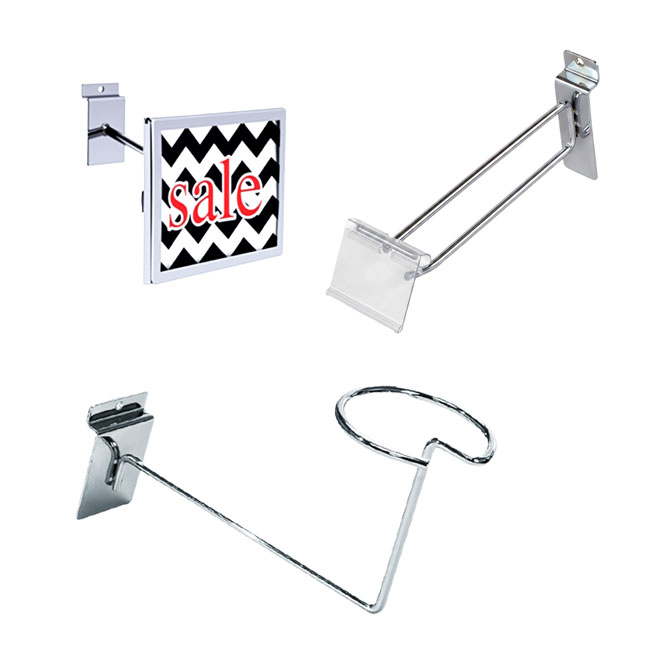 Wholesale slatwall display trays, sign holders and merchandising fixtures for retail promotions and product wall displays