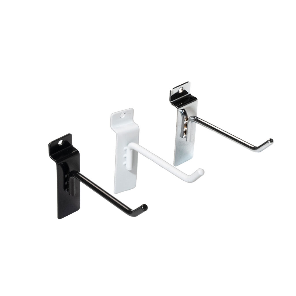 Wholesale slatwall display hooks, chrome and epoxy coated heavy-duty hanging fixtures for retail stores and boutique merchandise