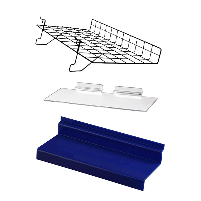 Wholesale slatwall shelves, acrylic and steel wire display shelving for footwear, apparel and retail store wall merchandising
