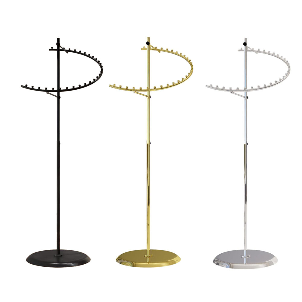 Commercial 29-ball spiral clothing rack displayed in Gold, Black, Chrome, and Pink finishes by BDF Display