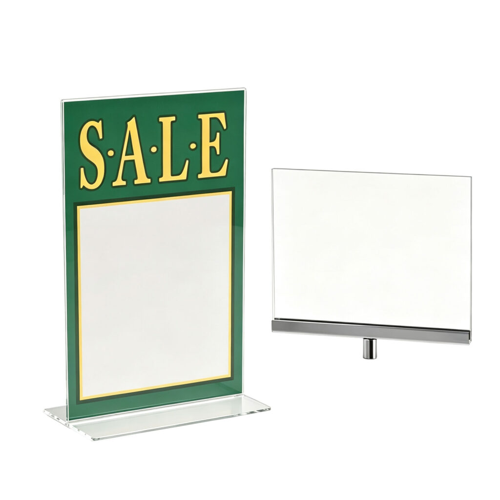 Bulk high-clarity countertop acrylic signholders and retail rack-top frames with mounting accessories.
