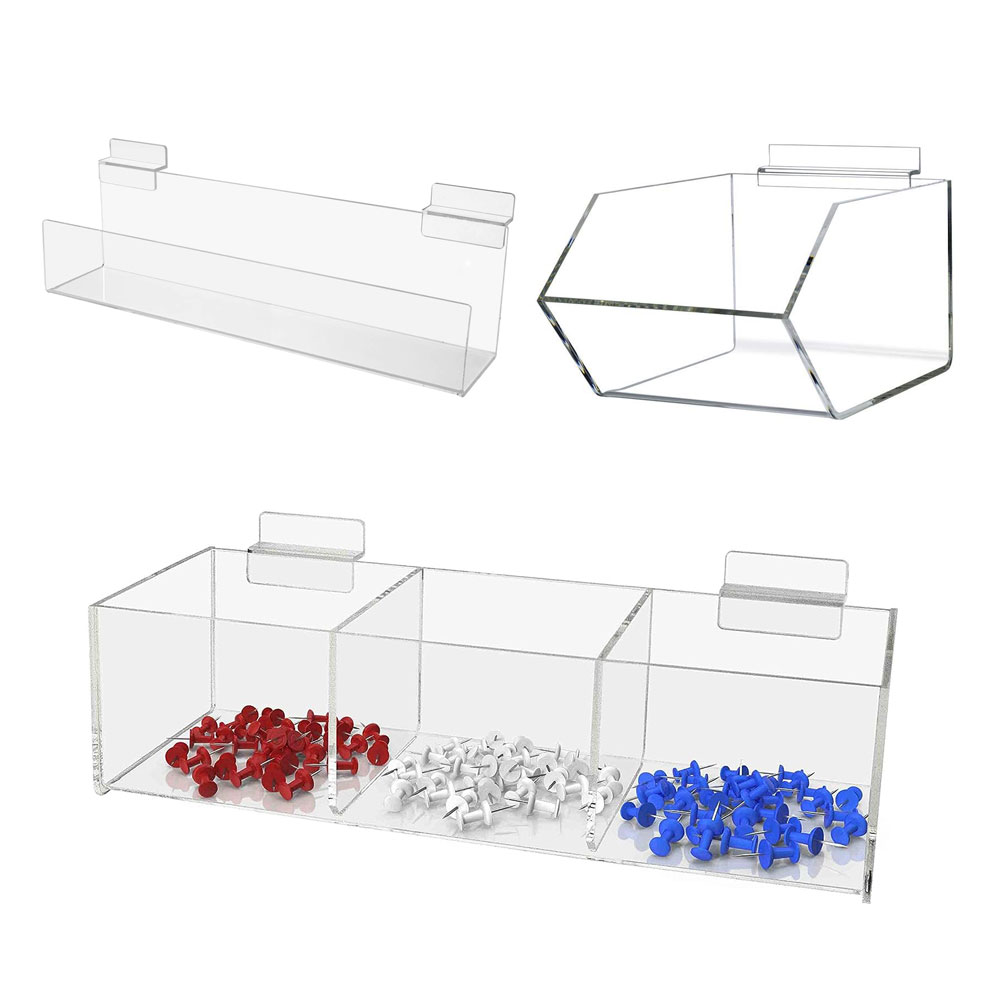 Heavy-gauge clear acrylic slatwall shelves and bulk inventory bins from commercial display supplier.