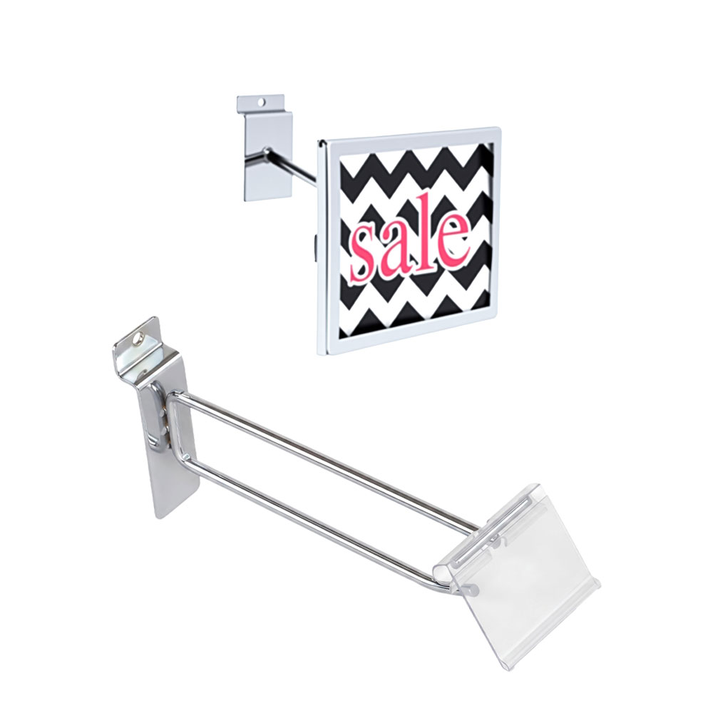 Wholesale clear acrylic slatwall sign holders and top-loading retail price card brackets.