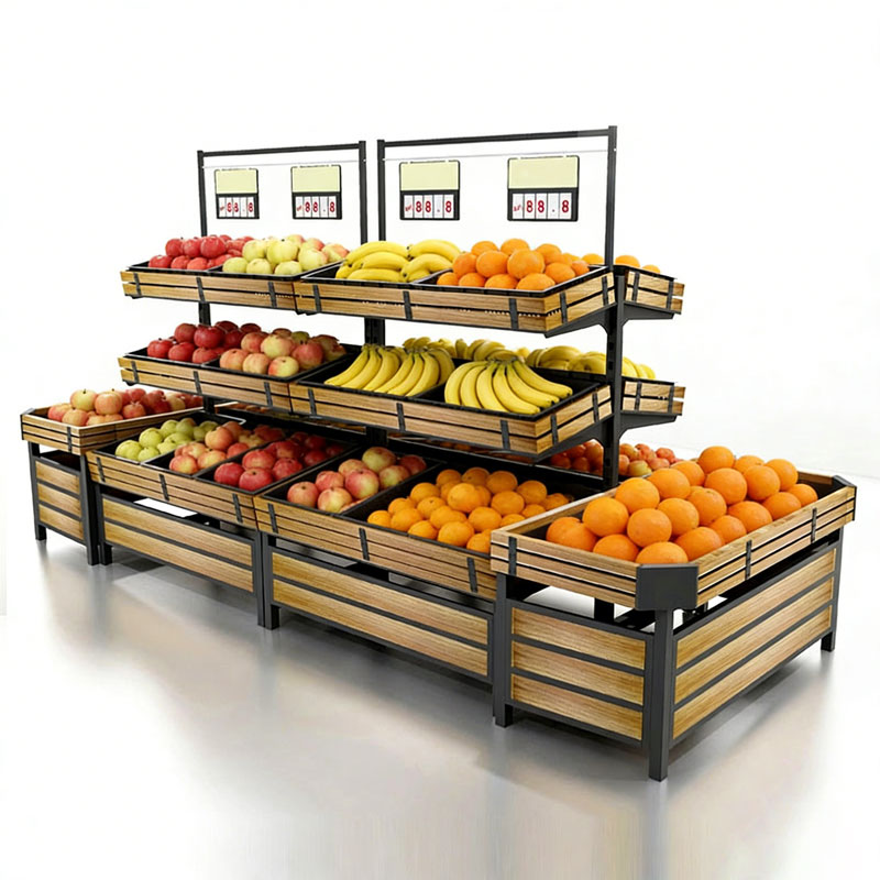Slanted wooden produce and bakery display stand rack with wicker baskets