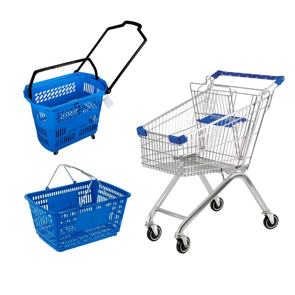 Zinc-plated heavy-duty grocery supermarket shopping cart and rolling baskets