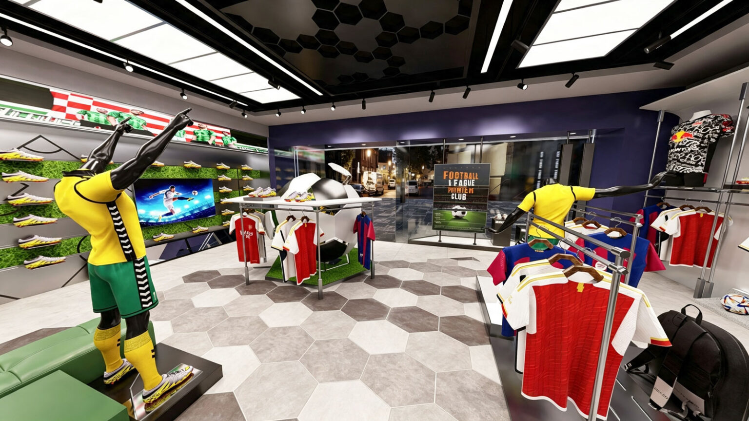 Interior perspective facing storefront window featuring stainless steel floor racks, team posters, and hexagonal tile flooring