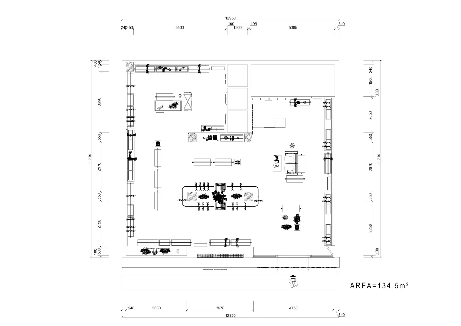 Detailed 134.5sqm men's apparel store 2D CAD floor plan layout drawing with dimensions