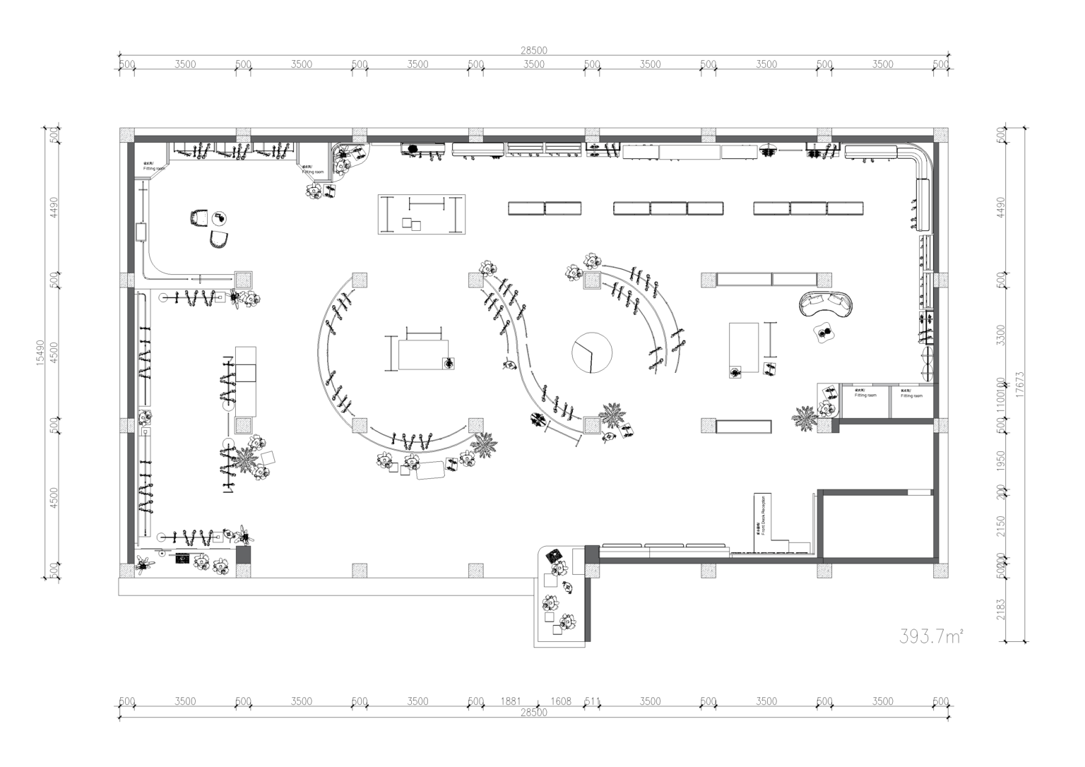 2D CAD floor plan drawing of 393.7m² female apparel store detailing curved display tracks, fitting rooms, and reception desk.