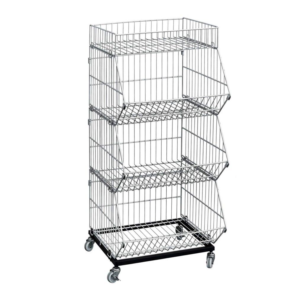 4 tier chrome stackable wire stacking basket rack with black dolly base and wheels - BDF Display BW-016