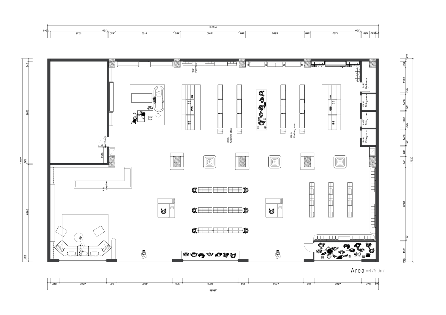 2D CAD floor plan drawing of 475.3m² female apparel store detailing fitting rooms, cash wrap, and display zones.