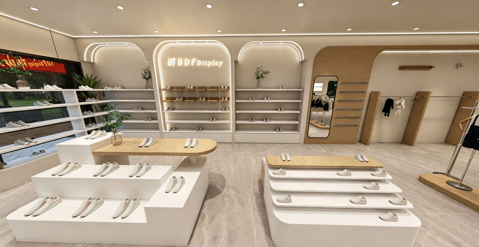 Front entrance of a modern retail boutique featuring white stepped shoe display islands and light oak wood paneling