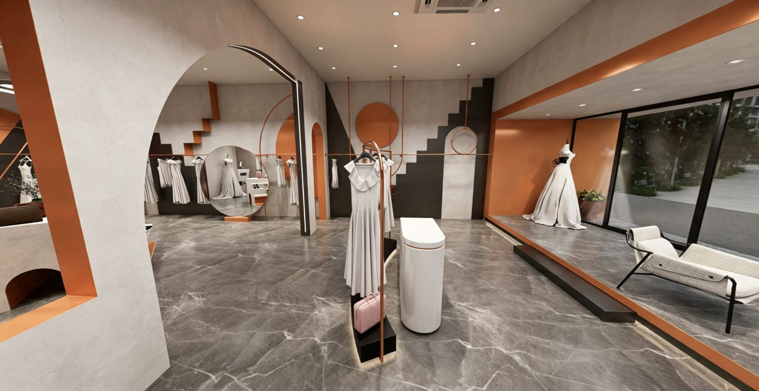 High-end bridal showroom feature wall with customized rose gold clothing rack, arched full-length mirror, and geometric partition.