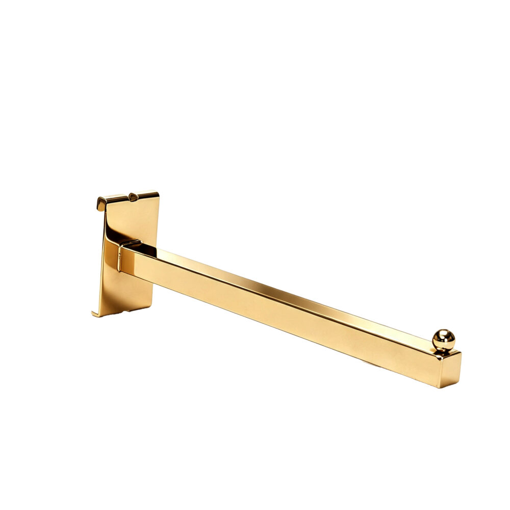 Luxurious electroplated gold 12-inch square tubing faceout for wire gridwall, isolated on white background.