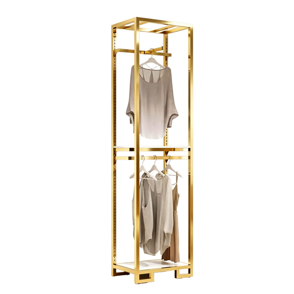 18-inch wide slim double-tier titanium gold stainless steel modular garment rack, isolated on white background.