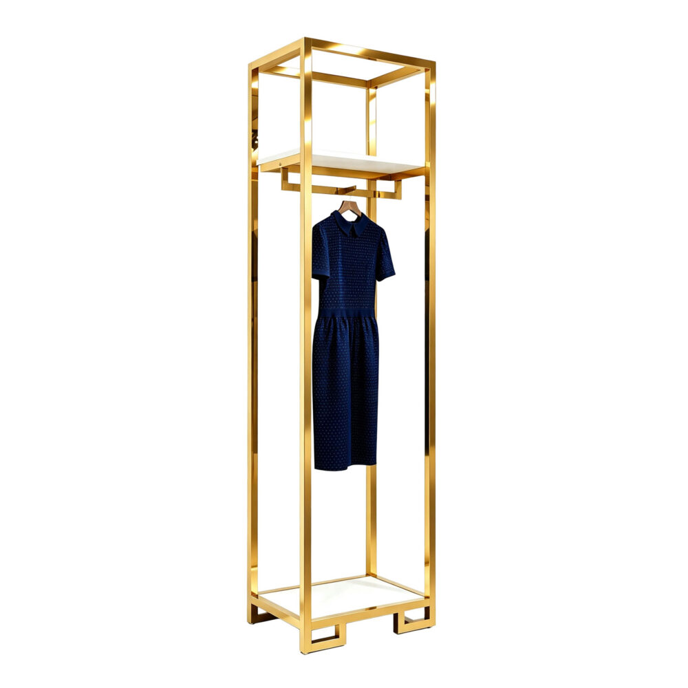 18-inch wide slim titanium gold stainless steel face-out garment rack, isolated on white background.